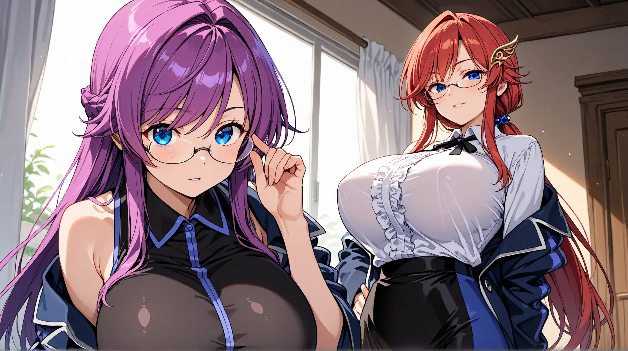 
Lorelei,purple hair,long_hair, hair_ornament, blue_eyes, glasses, huge_breasts, , jacket, bare shoulder shirt, skirt,