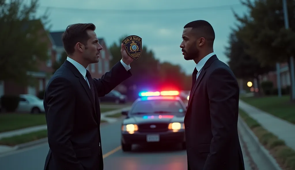 A tense confrontation between a well-dressed man in a dark suit and a uniformed police officer on a suburban street at dusk. The man in the suit holds up a police badge with a confident and assertive expression, while the police officer, a muscular man wit...