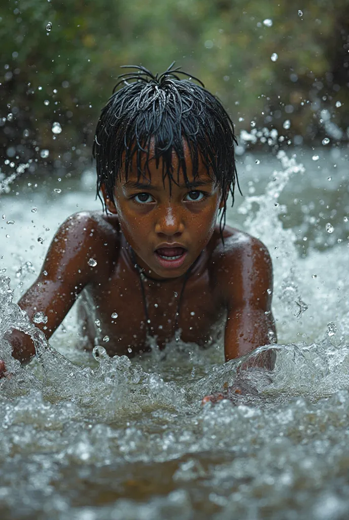 **The Slave Struggling in the Water**  
   *The young slave, submerged in the rushing river, fights to stay afloat. His eyes are wide with panic, water splashing around him as he desperately reaches out for help.*  