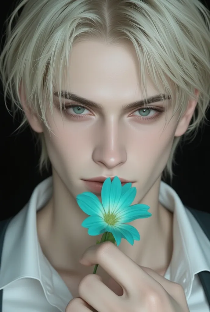 Platinum blond ripped bangs cover guy's forehead, aquamarine eyes,dark eyebrows cunning look,white shirt close-up in hand turquoise flower