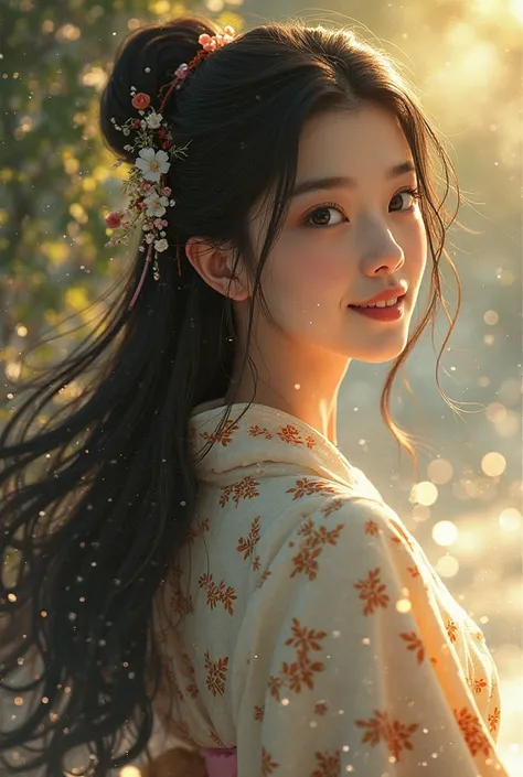 A woman in a kimono with a hemp leaf pattern、 Sparkling Sun、solo, long hair, smiles,  black hair, 