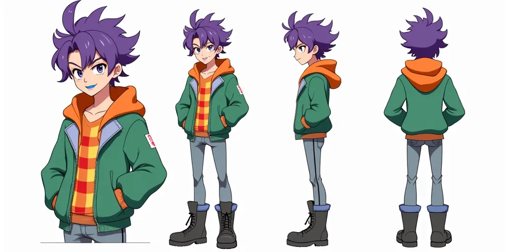 A high-quality anime-style character model sheet featuring a male character in T-pose. The character has messy, wavy purple hair, blue lips, and a confident expression. He wears a green jacket with an orange collar over a yellow and red checkered shirt, al...