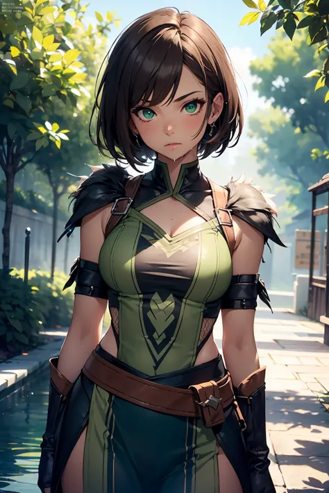 ((Monster Hunter Gunner)),((1 girl)),  latest trends in clothing ,cute,wet close, outdoor, cowboy shot,((very well detailed,Top Quality, High Resolution,  8k Wallpaper, Beautiful clothes,)),((dark brown hair, short hair, straight hair )) ,(Glowing green ey...