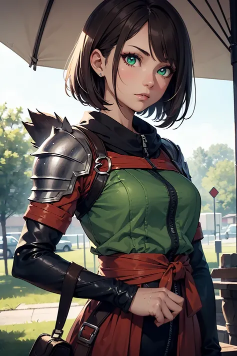 ((Monster Hunter Gunner)),((1 girl)),  latest trends in clothing ,cute,wet close, outdoor, cowboy shot,((very well detailed,Top Quality, High Resolution,  8k Wallpaper, Beautiful clothes,)),((dark brown hair, short hair, straight hair )) ,(Glowing green ey...