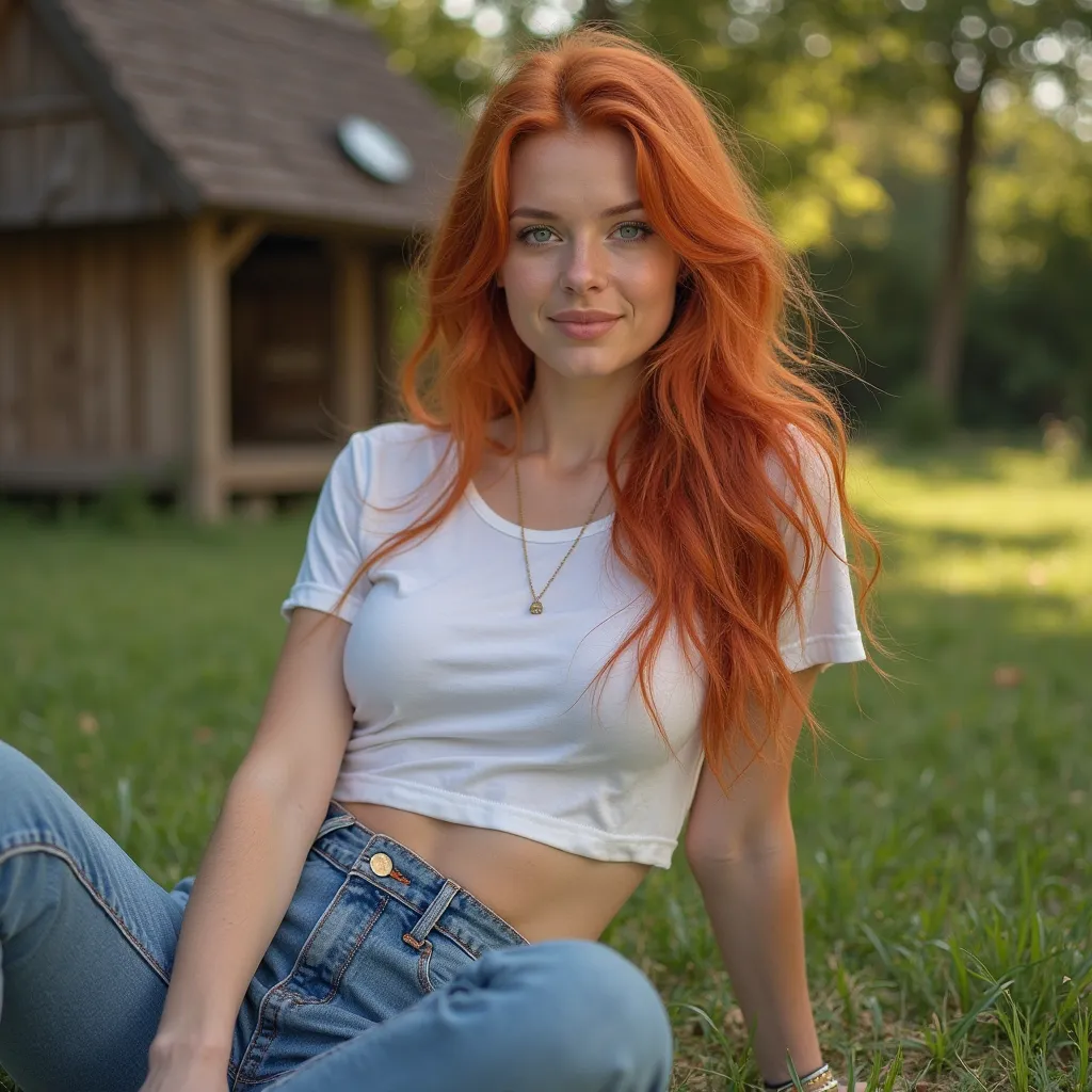 Very pretty European woman in her early 20s with a beautiful female body with really right 
Extremely big boobs.. With natural long very bright red hair.. great appearance. smiles .  elegant hands .Mega posture .!.
completely natural.Sitting on the lawn le...