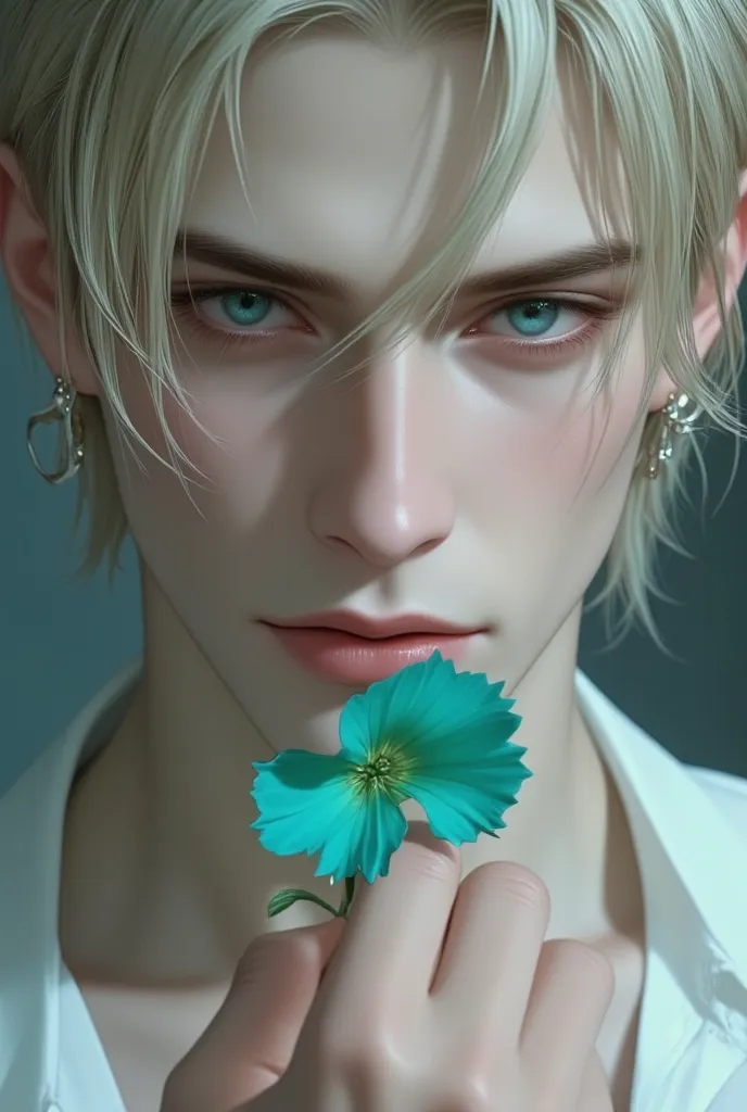 Platinum blond ripped bangs cover guy's forehead, aquamarine eyes,dark eyebrows cunning look,white shirt close-up in hand turquoise flower