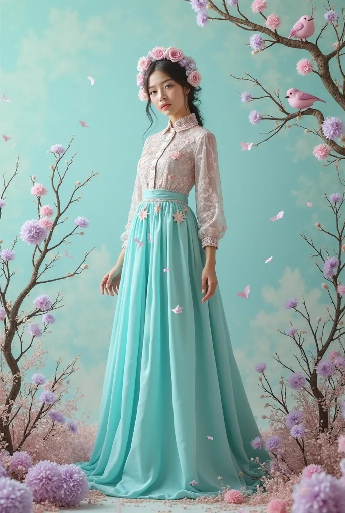  outfit: CYLINDRICAL PASTEL, high, single cylinder, color turquesa baby, Around it has branches and little birds in baby colors and purple flowers, rosa baby.