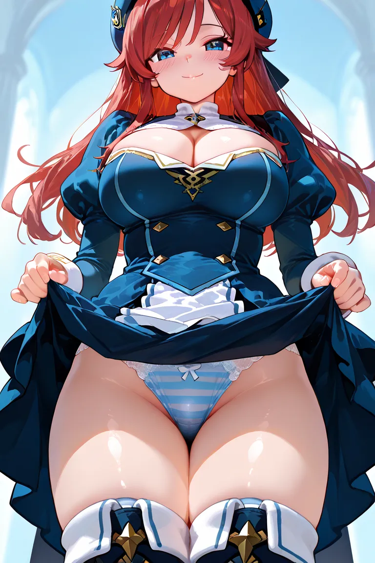 1girl,solo,long hair,looking at viewer,blush,smile,blue eyes,large breasts,long sleeves,thighhighs,hat,closed mouth,cleavage,underwear,thighs,red hair,puffy sleeves,striped clothes,clothes lift,blue dress,beret,thigh boots,skirt lift,lifted by self,juliet ...