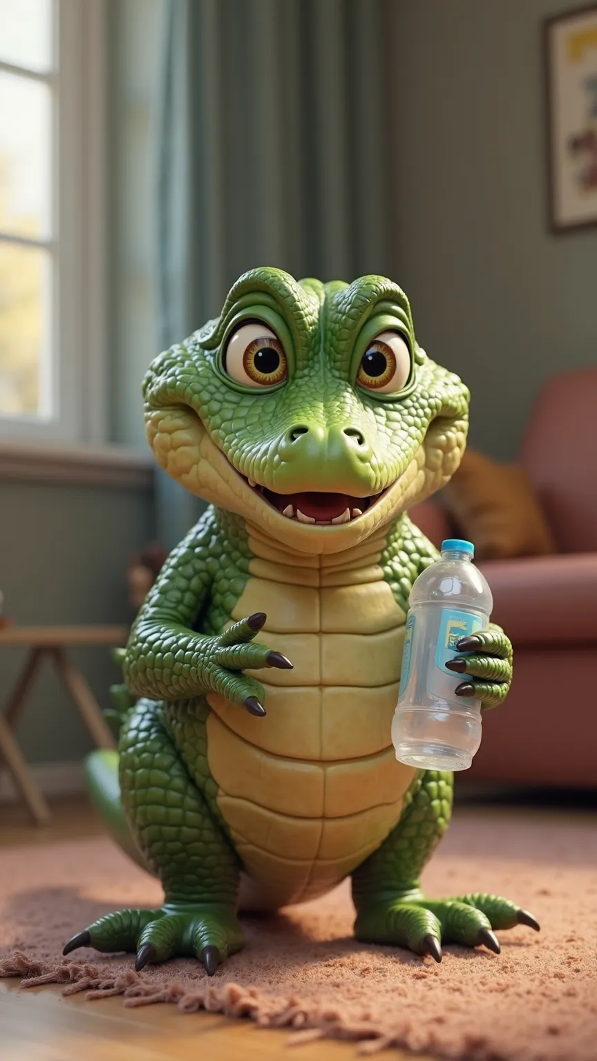 
An adorable anthropomorphic green-skinned alligator, ultra realistic, Somewhat comical style, fofo, slightly fat, with big green eyes with bright amber irises, He is standing and has but his hands a water bottle, expressing a gentle reaction. His body has...