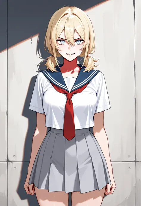 1girl, solo, alone, adult face, fearless face, light blue eyes, blonde hair, Long Pigtails, hair between eyes, medium hair, white school uniform, blue sailor collar, red neck tie, bare neck,  cowboy shot, bare thighs, gray skirt, 