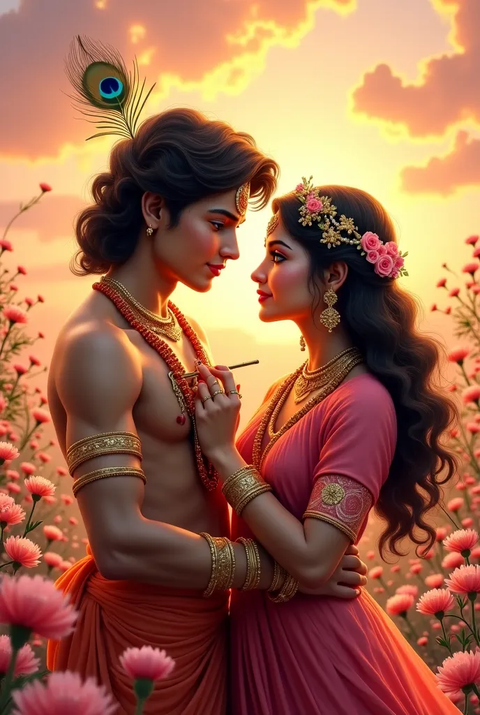 highly detailed, realistic, and ethereal digital painting of Radha and Krishna in a romantic setting. The scene is bathed in warm golden and pink hues of a sunset, with soft, glowing clouds in the background, creating a dreamlike atmosphere. The landscape ...