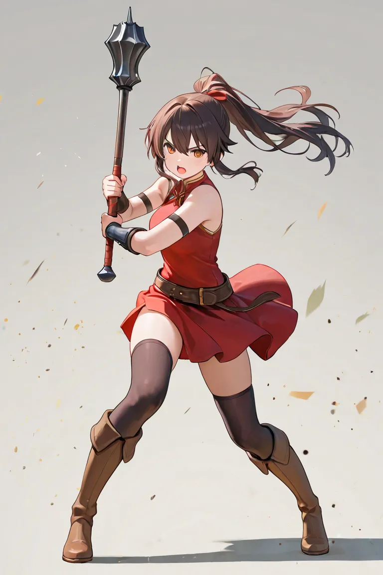 A girl in fighting pose with a mace in her hand