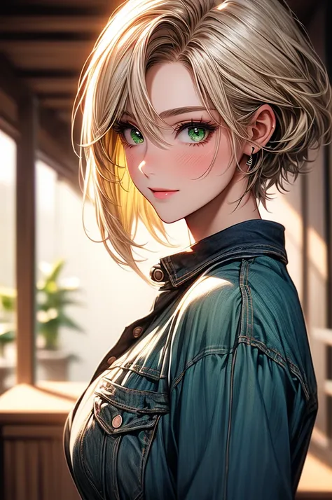 Masterpiece, ((1 girl, Yellow Hair, Tan Skins, Brown Skins, Low Muscular)), ((Best Quality)), ((Close up)), (Ultra-detailed), Highly detailed, ((Big Breasts)), Perfect Lighting, Perfect background, ((Short Hair, Sweep Bangs, Blonde Hair, Green eyes)), ((25...