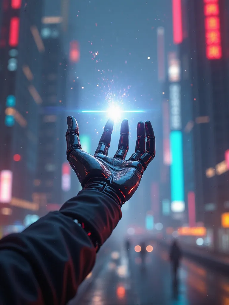 "A sci-fi inspired image of a robotic hand reaching out to a bright, glowing light in a digital cityscape filled with holographic displays and cyberpunk vibes."