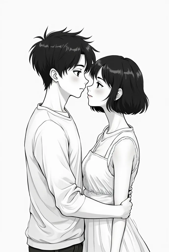 Illustrate a age couple, both the same height. The girl having very short hair and the boy having short hair (black and white, anime style)