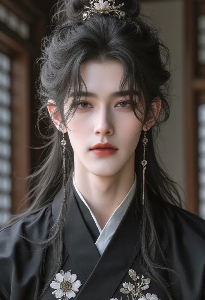  boy , ผมดำ, Gray eyes, Wear black hanfu,  long hair,  casting hairstyle, Antique style, Chinese people, cool face,  casting, 4K, Full HD