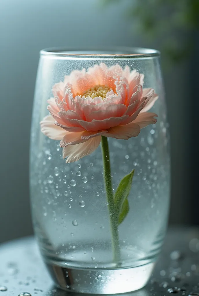 Photo of a ranunculus seen through transparent fogged-up glass with water droplets on it.