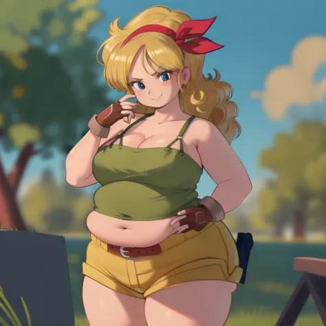 ((masterpiece, best quality)), insaneres, absurdres, solo, looking at viewer,
BlondeHair_BadLaunch_ownwaifu,
1girl, long hair, blonde hair, curly hair, hair ribbon, blue eyes, medium breasts, red hairband, eyelashes, bangs, 
green shirt,  crop top, midriff...