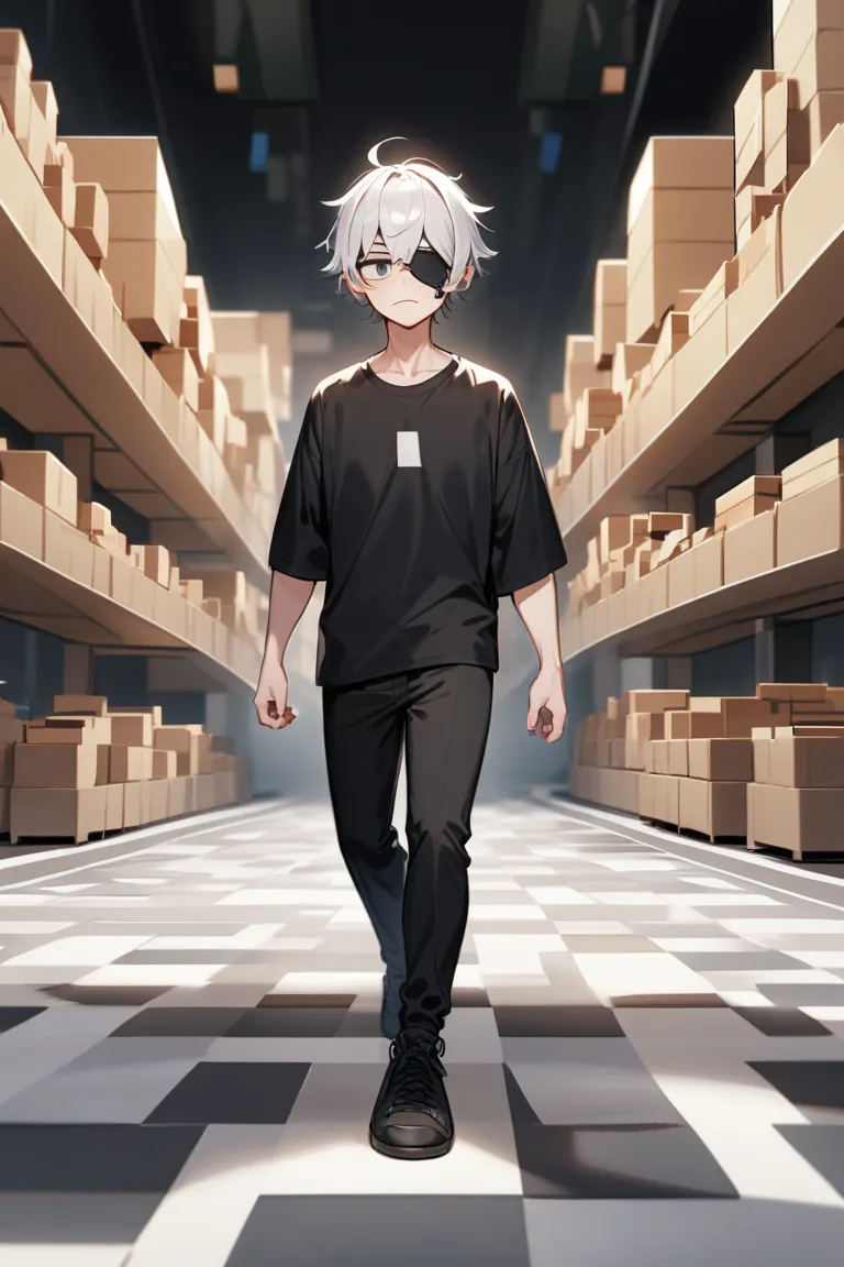 white haired male wearing a black eye patch black shirt and black pants Minecraft 