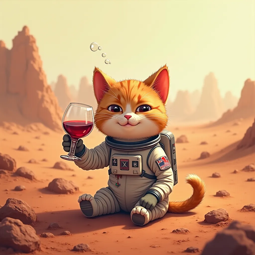  a cheerful cat dressed as an astronaut sits on Mars and drinks wine