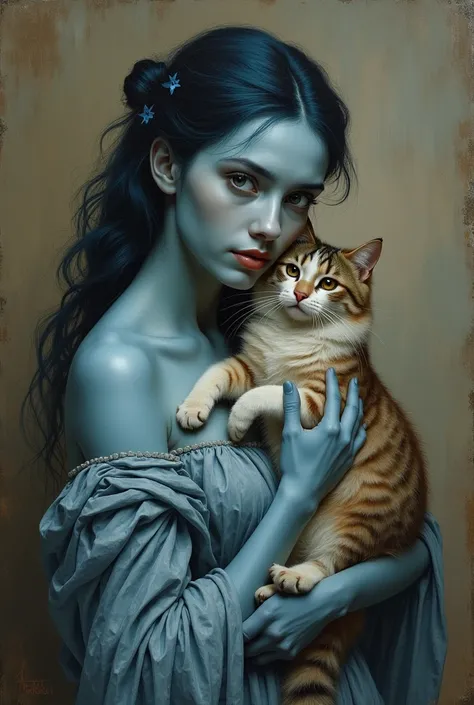 a classic painting of a blue-skinned woman holding a cat