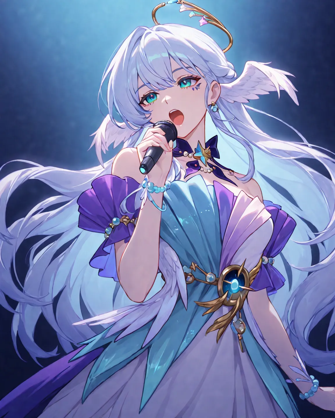 1 girl,robin (honkaistarrail),honkaistarrail,blue light hair,singing with michrophone,pretty face,elegant pose,half body,white simple background, potrait shot,pretty vibe,
