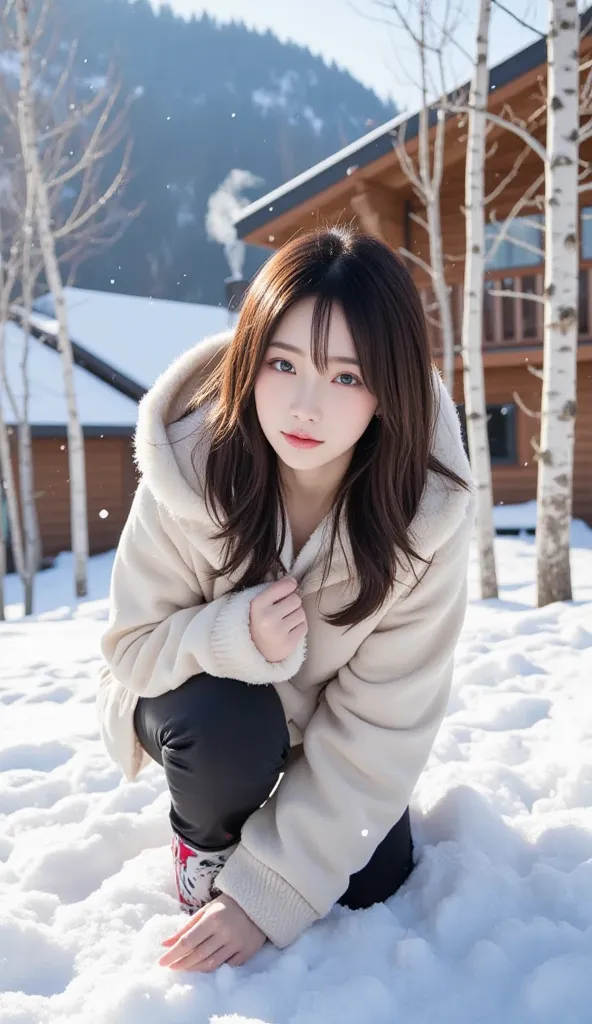 A beautiful young Japanese woman crouches playfully in the snow, radiating charm with her hands gently cupped under her chin. Her sparkling eyes and slight head tilt add an irresistible touch of cuteness. Dressed in a cozy winter coat with soft fur trim, s...