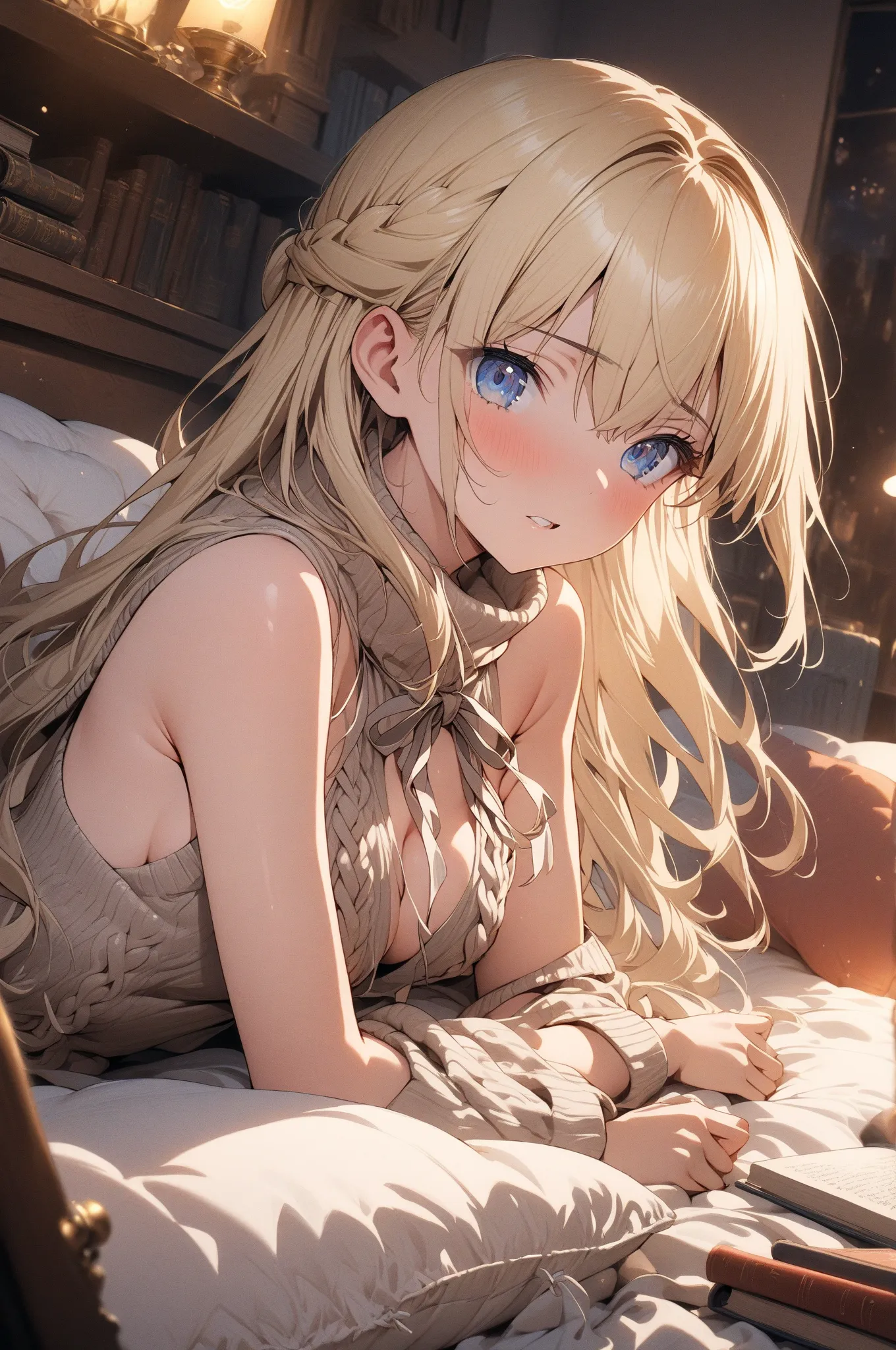 (masterpiece, detailed:1.2), One Girl, Princess, (18-years old), blonde half updo, Medium Breasts, sky blue eyes, BREAK, Highest quality, beige virgin killer sweater, in her room, cushions, books, at night