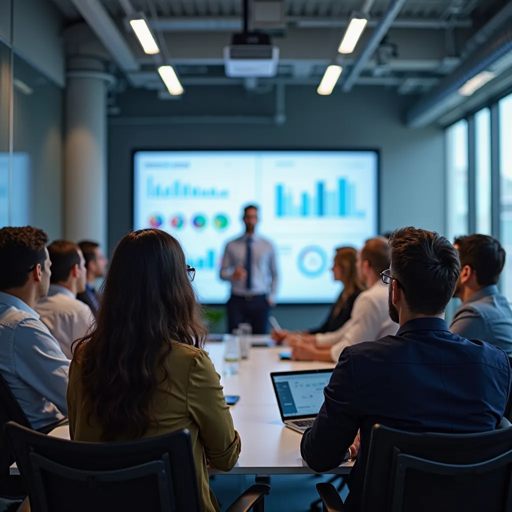 A dynamic and professional image of a corporate training session focused on procurement and logistics. A diverse group of employees is seated in a well-lit, modern training room, attentively listening to an expert presenting supply chain strategies on a di...