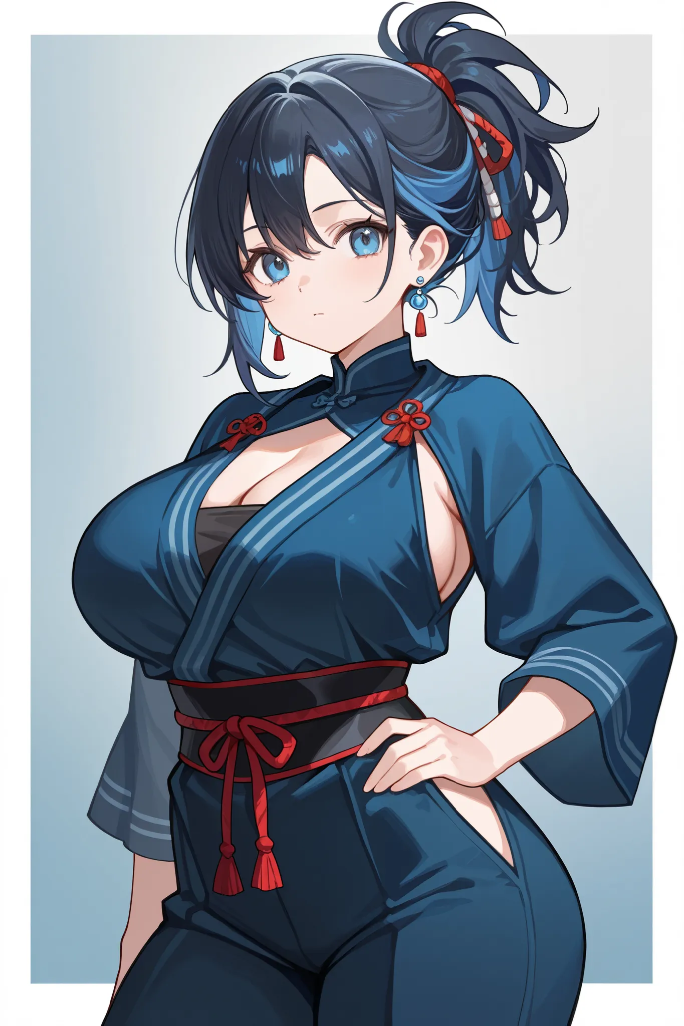 1 girl, Hair tied in ponytail, Black hair with some blue hair on the edges., blue eyes, but not bright, curvy body, wear a sexy samurai outfit, หน้าอกไซส์ปานกลาง, have a sl8ver earrings.