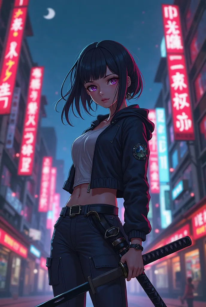 anime girl with sword in city at night, badass anime 8 k, anime style 4 k, katana, anime cover, unsheathing her katana, she is holding a katana sword, anime cyberpunk art, inspired by Masamune Shirow, by Yang J, seductive anime girl, kawacy, cyberpunk anim...