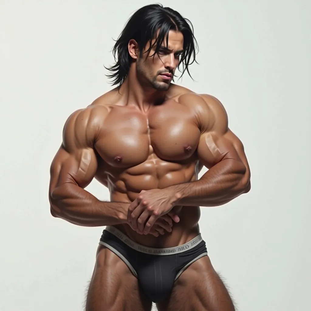 Hairy naked Latino man,  white fair skin  , bangs on straight and dark black hair, blue eyes,  hairy body ,  Athletic , cocha grossa, big, upturned ass on white naked background