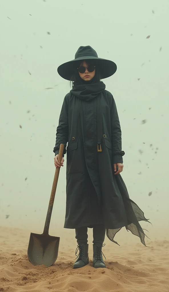 Surrealism, a girl in a black hat and a raincoat in black sunglasses in the desert with a large shovel buries 