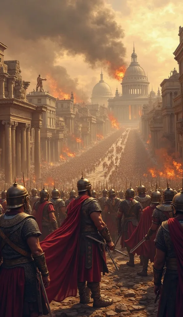 [Opening Scene: Dramatic visuals of Roman legions, crumbling buildings, and barbarian invasions.]
