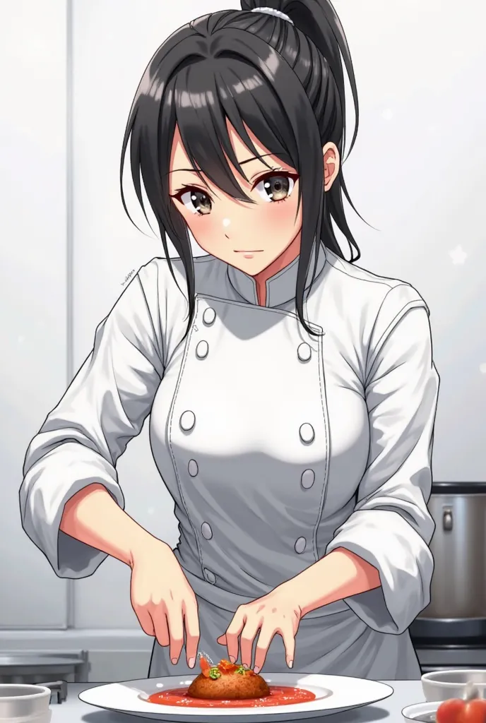  Anime chef girl black and white in white background 