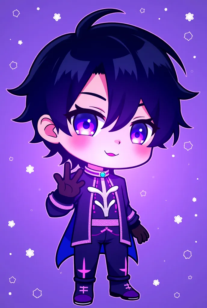  icon style illustration、(超High Resolution:1.2),(absurd:1.2),(High Resolution:1.2),(best quality:1.2), chibi,nice,simple pattern for background、 black hair、handsome、male、Purple Eyes、blue eyes、A glittering costume like an idol、Black right hand、The outline o...