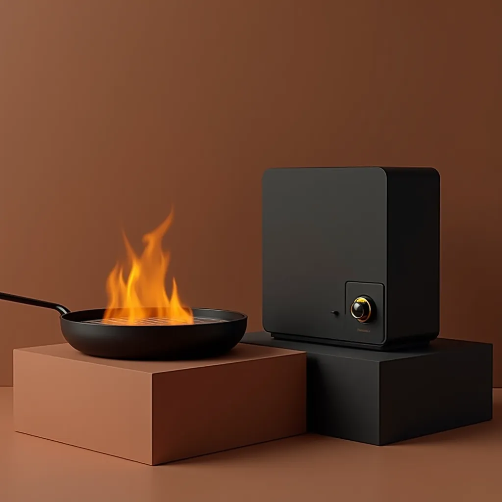 modern, minimalist cooking setup with a sleek black stove and a circular grill pan placed on a raised platform. The design features a compact, matte black appliance on the right, with a retro-styled analog clock in gold and black dials for precise controls...