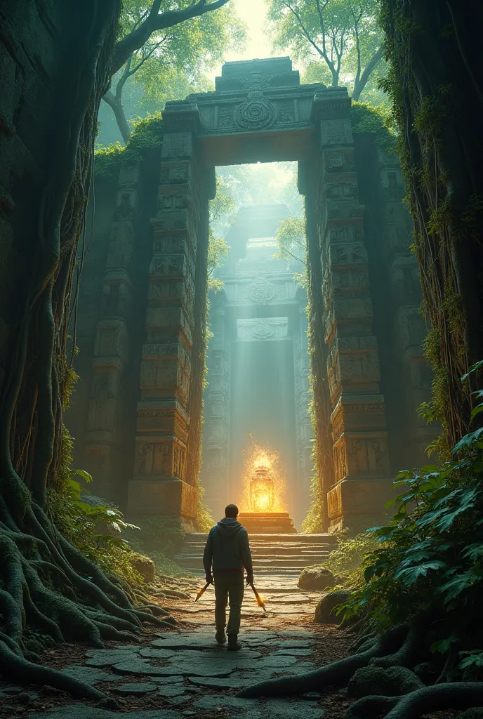 A breathtaking, ultra-detailed scene of an ancient lost temple, hidden deep within a dense, overgrown jungle. Towering stone pillars covered in vines and moss stand as remnants of a forgotten civilization, their intricate carvings depicting mysterious deit...