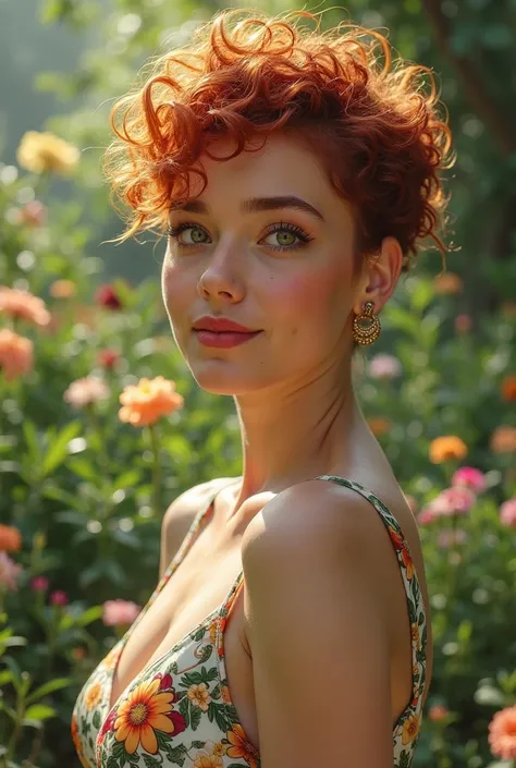 Realistic Photo [a woman], [19 years old], [“Dudinha“], [green eyes], [very short curly red hair], [beautiful and curvy], She is natural, she is in a garden wearing a flowery dress taking pictures