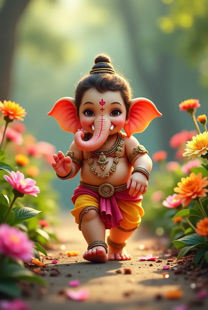 Imagine cute  baby Ganesh ji walking on road and road both side flowers garden realistic image bg is flower garden generat Ganesh ji right side teeth is long and left side teeth is short