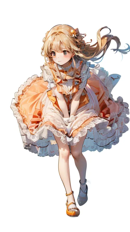 1 girl,  cute woman、 pull the skirt, low angle，upskirt, blond with a big face、orange dress.、long skirt、shoes、Strong winds、wind lift, anime style、Prairie with a good view