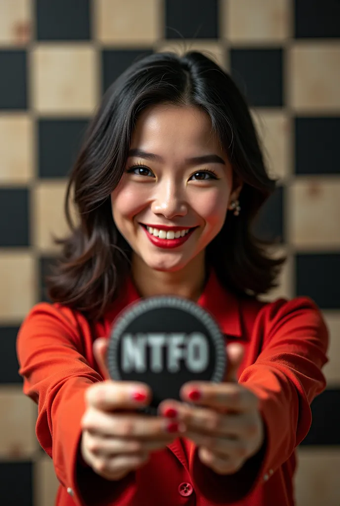 Girl, Smiles , cosmetics 25 years old ,holding , on the back of the chessboard and the NTFO inscription, the inscription is important