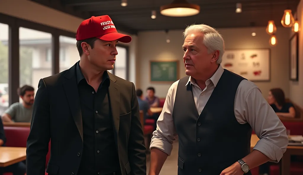 A realistic digital painting of Elon Musk walking into a restaurant, wearing a red MAGA hat. He has a serious, expressionless face. Standing beside him is a restaurant manager in his 50s, with white hair and an equally stern expression. The manager is poin...