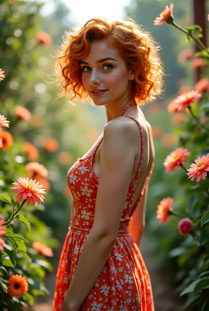 Realistic photo [A woman], [19 years old], [“Dudinha “], [green eyes], [short curly red hair], [ beautiful and curvaceous ],  she's natural , She is in a garden wearing a flowery dress taking pictures