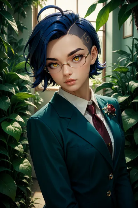 A oldergirl in a schoolgirl outfit, slitted eyes, full lips, small nose, short hair in an undercut hairstyle, (elegant, lush eyebrows), mz, ahoge, blue hair, yellow eyes, glasses