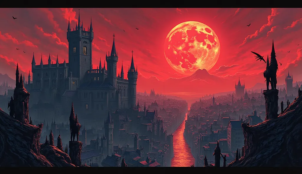 Panoramic view of a medieval city where in the center there are English castles but everything is set in a DEMONIC version: the sky is reddish, the moon is crimson red with black stars.. comics style