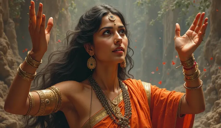 Draupadi raising both hands in prayer, calling out to Krishna with unwavering faith as her saree is being pulled.