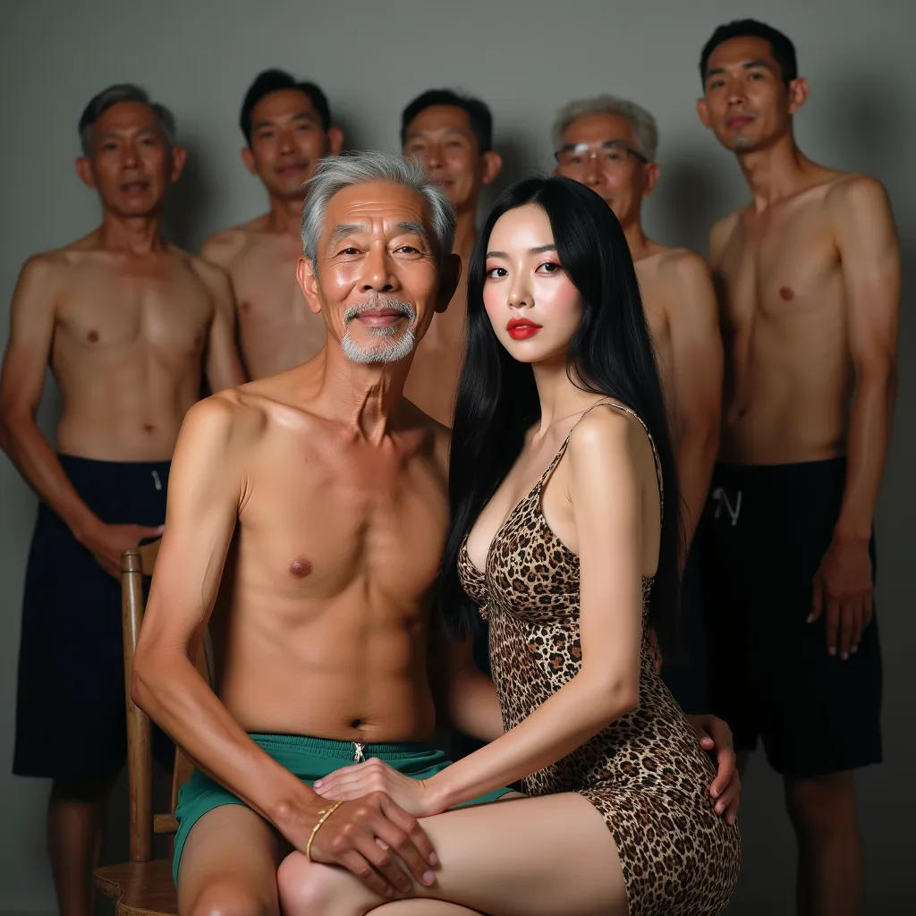 real photo, wide shot, ((full body:1.3)), (((1 korean beautiful young girl and 1 old korean man couple, taking a photo with very old men group))), {(((A korean beautiful girl sitting on the old man's lap, lift hands and behind head))), full body, show legs...