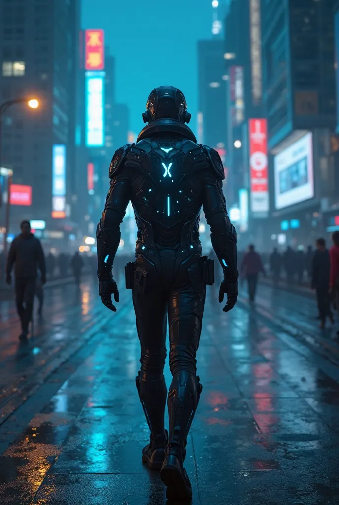 "Create a cinematic video featuring **Bot Father**, a mysterious cybersecurity specialist. He steps out from the shadows in a futuristic cityscape, wearing a sleek black cybernetic suit with glowing blue accents. As he walks toward the camera, the environm...