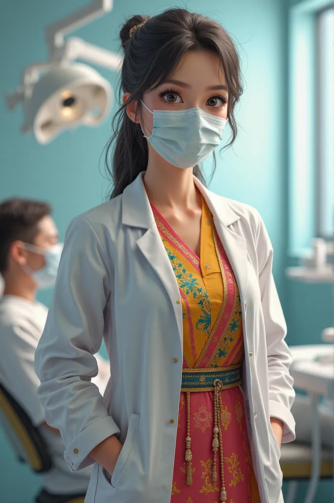 A realistic female dentist thinzar wint kyaw wearing a traditional Myanmar dress (such as a htamein and yinbon in elegant colors) under a duty coat along with sterile white gloves and a medical mask. She treating patient in a modern dental clinic, with a p...